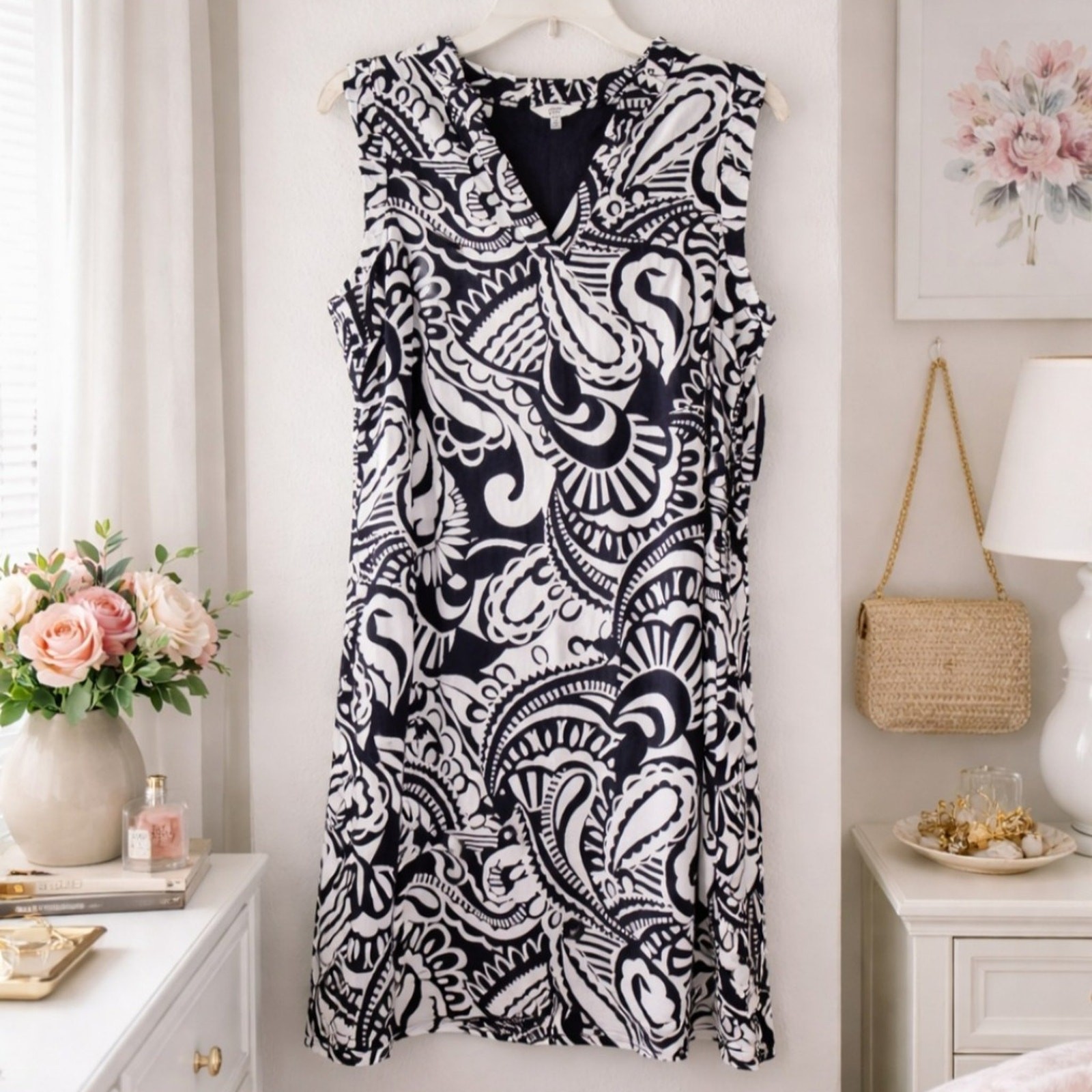 Crown & Ivy Navy White Print Sleeveless Dress NWT Women’s Small Lined 35”