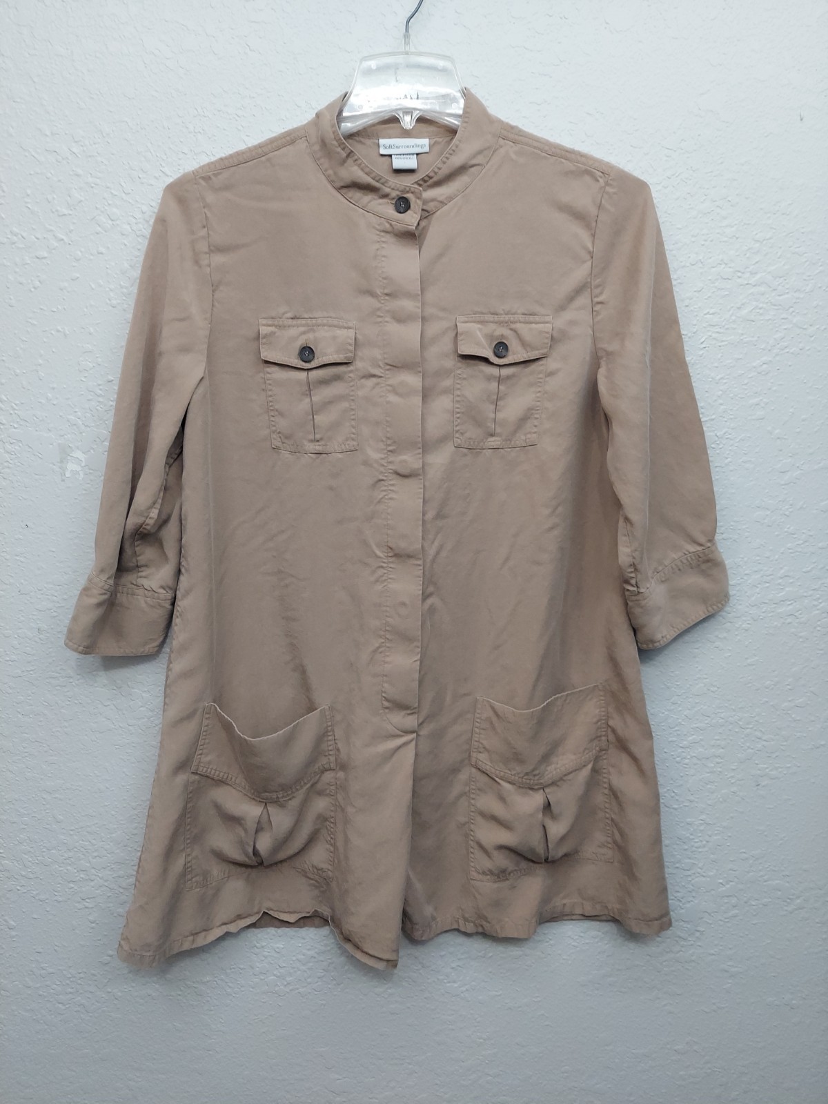 Soft Surroundings Tunic Shirt Dress Women Large Beige Lyocell Band Collar Pocket