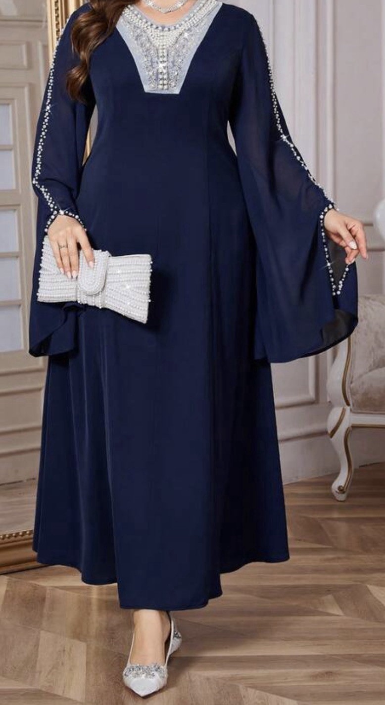 Reflora Plus Size Rhinestone & Faux Pearl Decor Elegant Long Sleeve Dress,