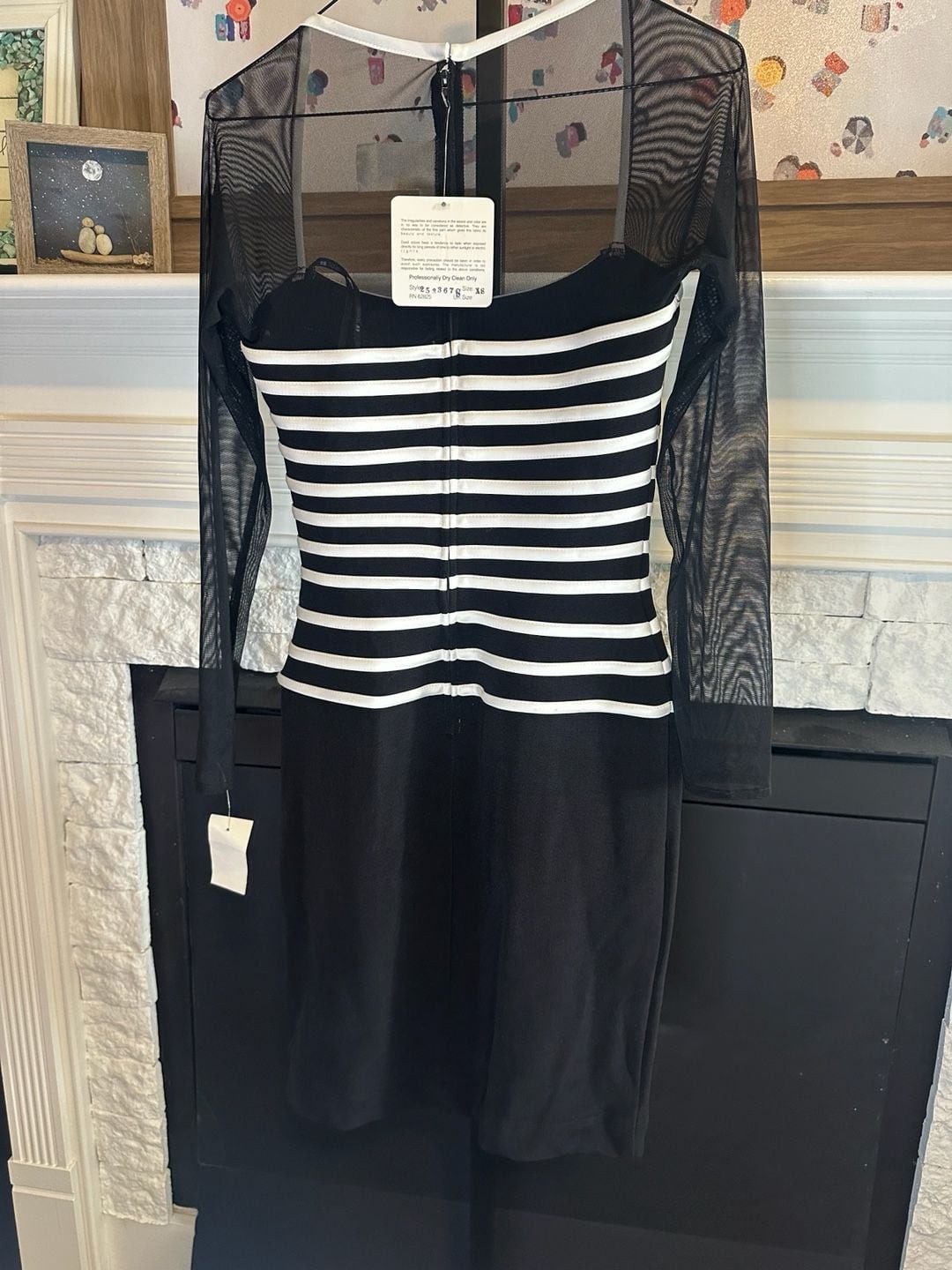 Vintage Tadashi Shoji Black &White Striped Long Sheer Sleeve Mini Dress