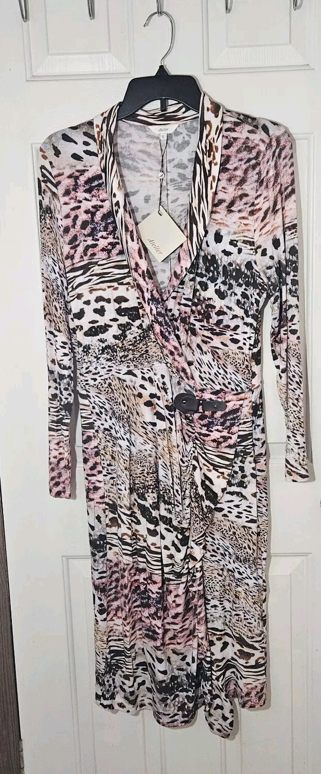 Atelier Dress Size Large Animal Print Bodycon Stretch V-neck Lightweight Soft