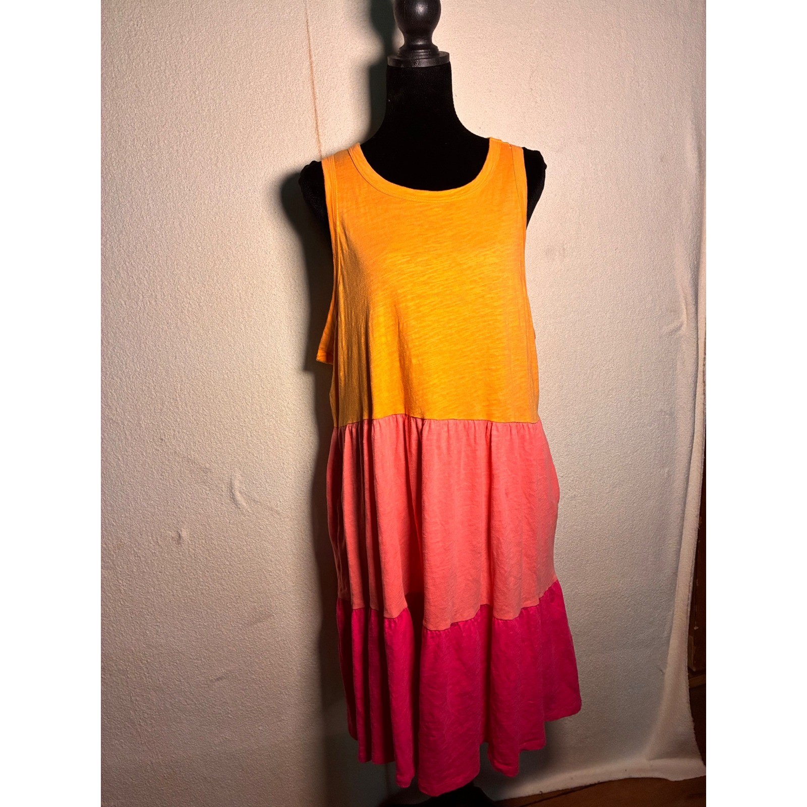 Terra & Sky Tiered Dress Womens 0X 14W Orange Pink Excellent Cotton Slub Knit