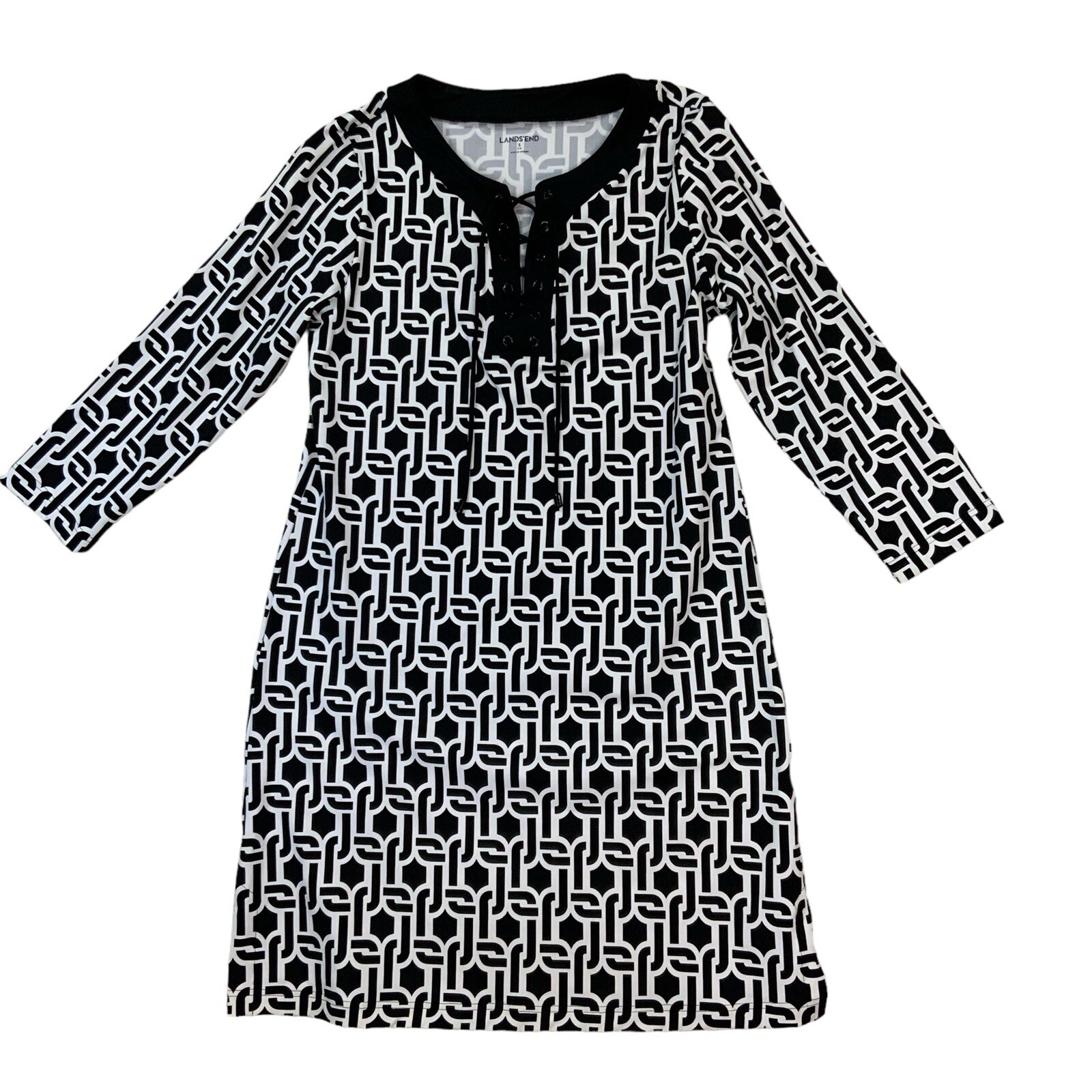 Lands’ End Women’s Size Small Black White Lace Up Chest Geometric Dress