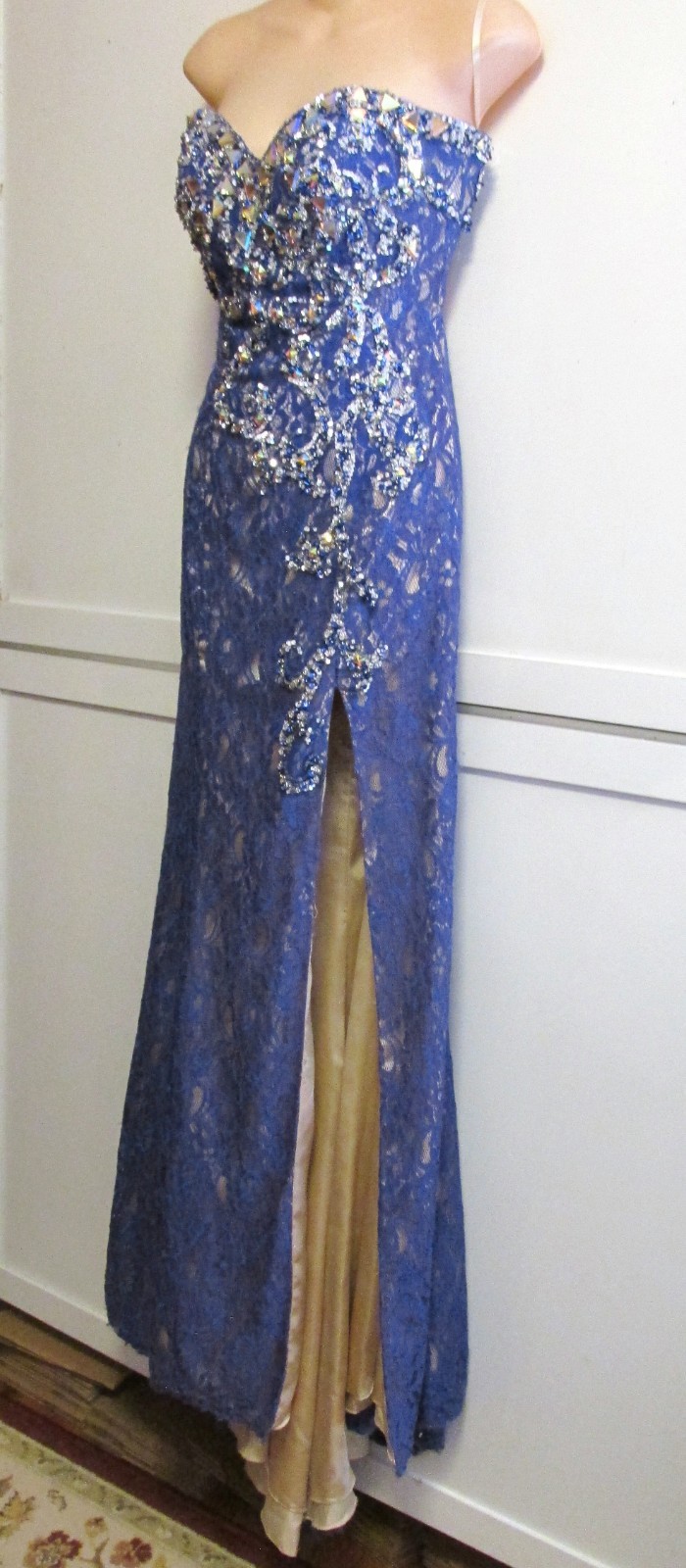 Mori Lee Strapless Blue Lace Gold Alloy Crystals & Lining Maxi Gown -Sequin- 5/6