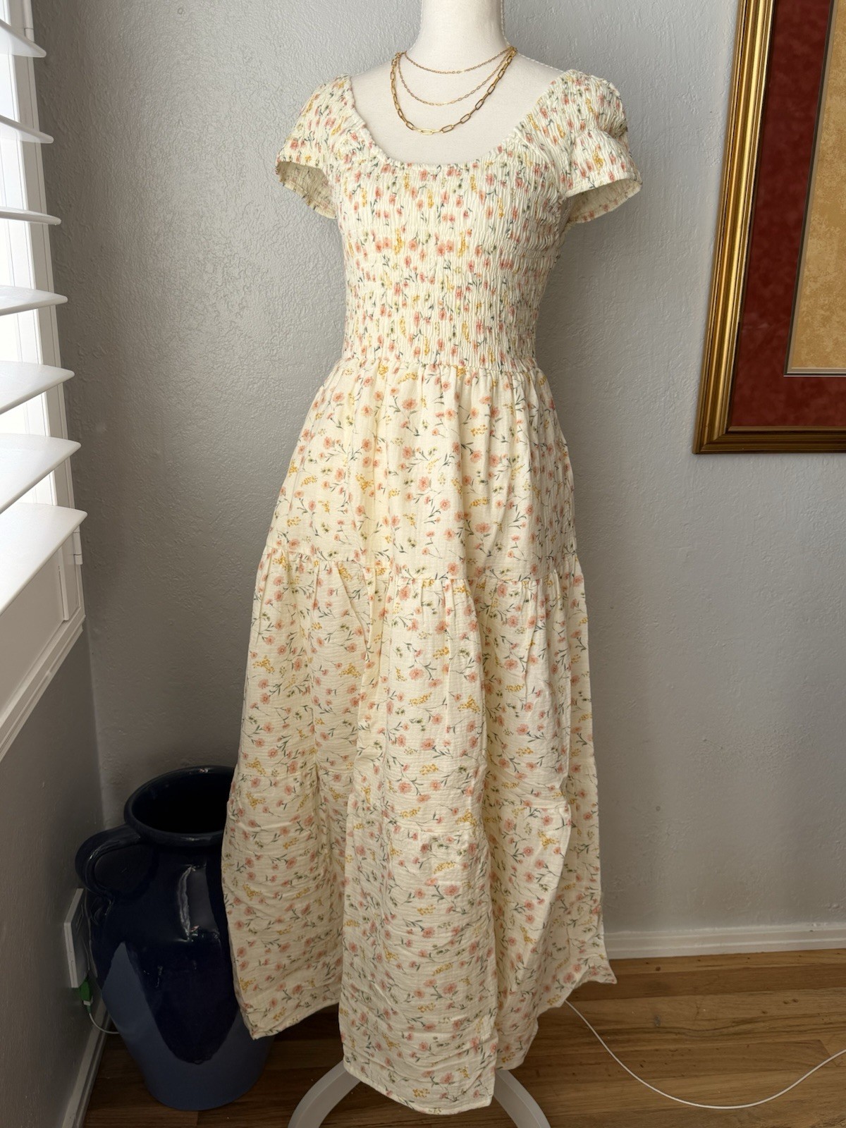 78~NWT Smocked Cotton Tiered Yellow Floral Maxi Dress Square Neck Puff Sleeve M