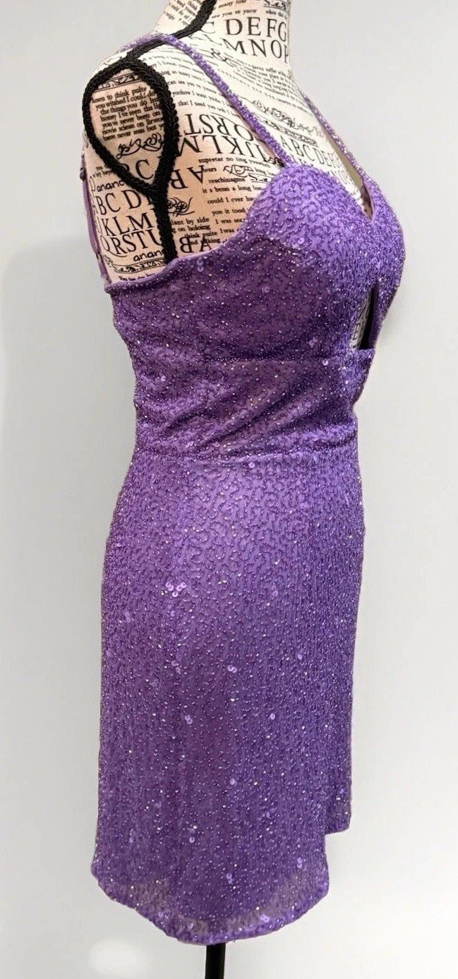 Aleta Purple Spaghetti Strap Sequin Beaded Mesh Cut-out Adjustable Mini Dress 2