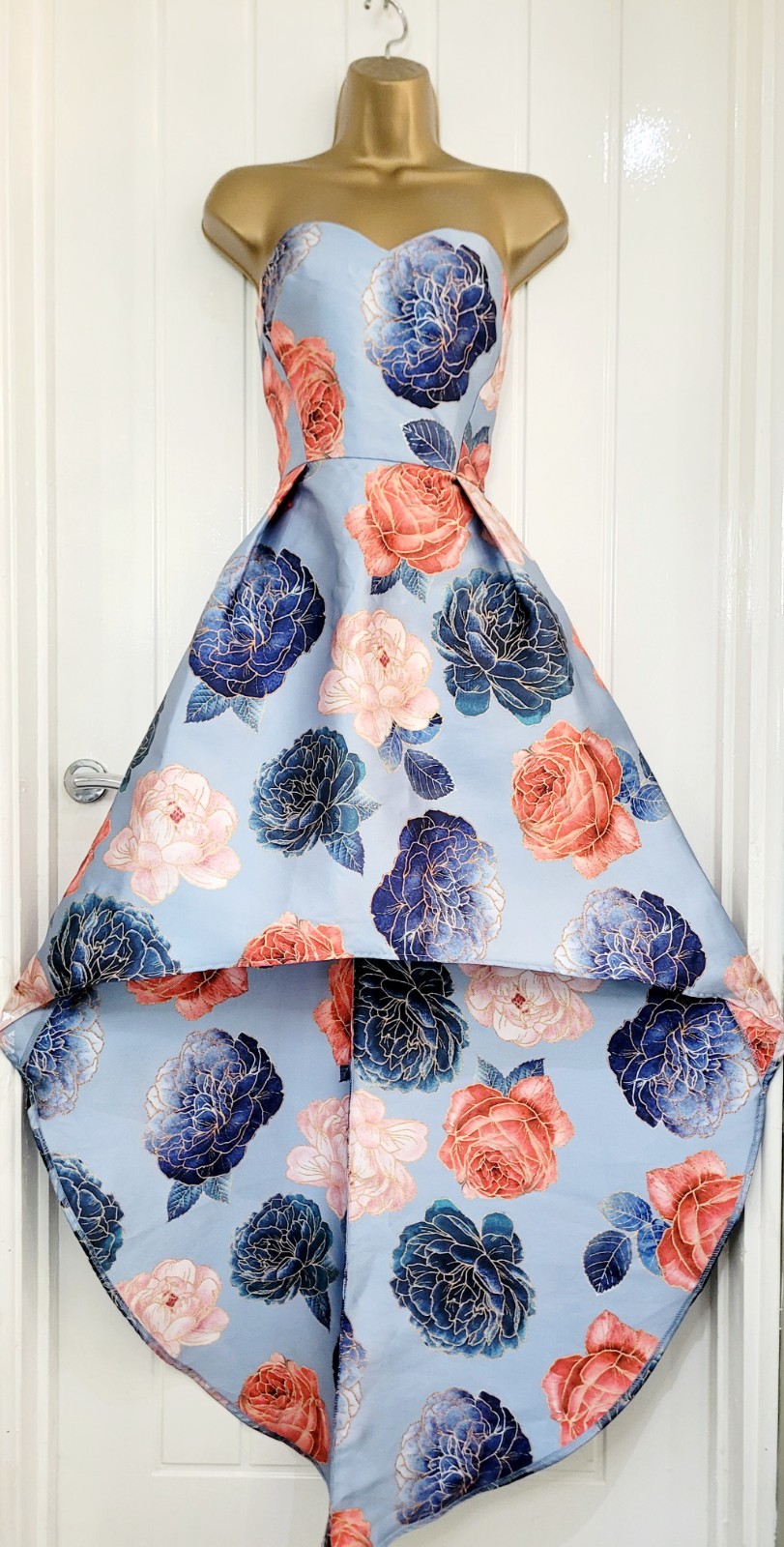 Chi Chi London size UK 10 dipped hem strapless blue floral occasion dress VGC