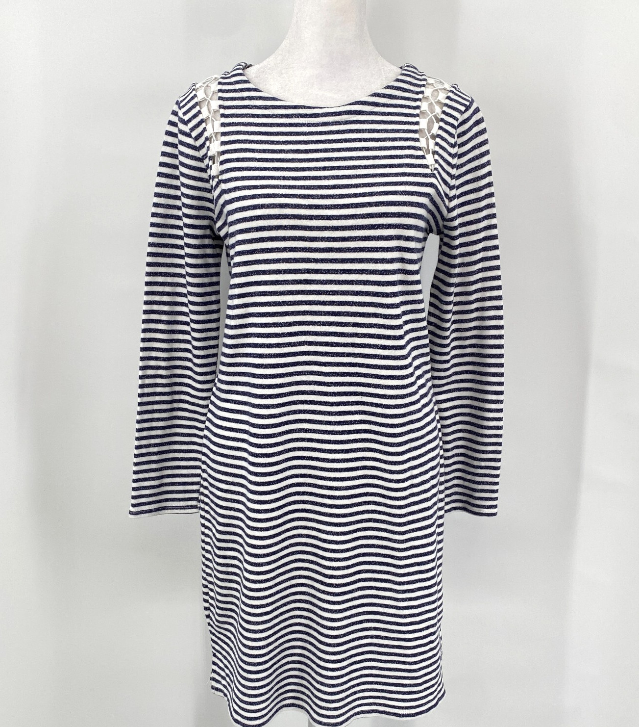 Neiman Marcus Dress Small Navy White Stripes Cotton Shift Lace Up Detail Coastal