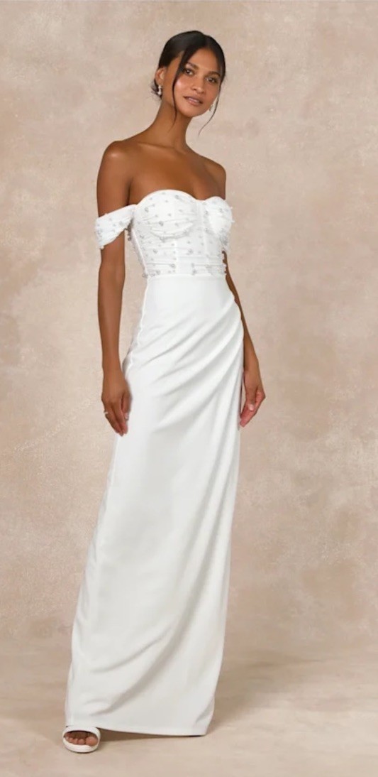 Lulus Immensely Charming White Mesh Pearl Bustier Maxi Dress Size S