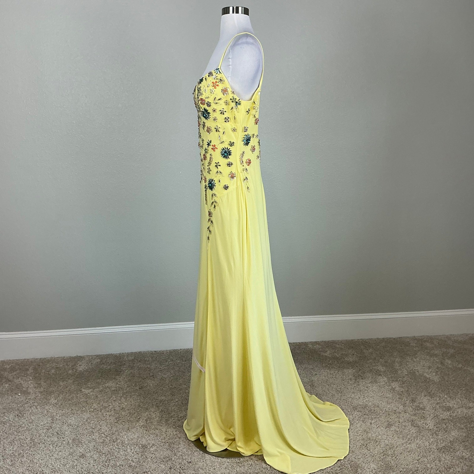 Mac Duggal 42006 Yellow Evening Gown Backless Floral Beaded A-Line Dress Size 10