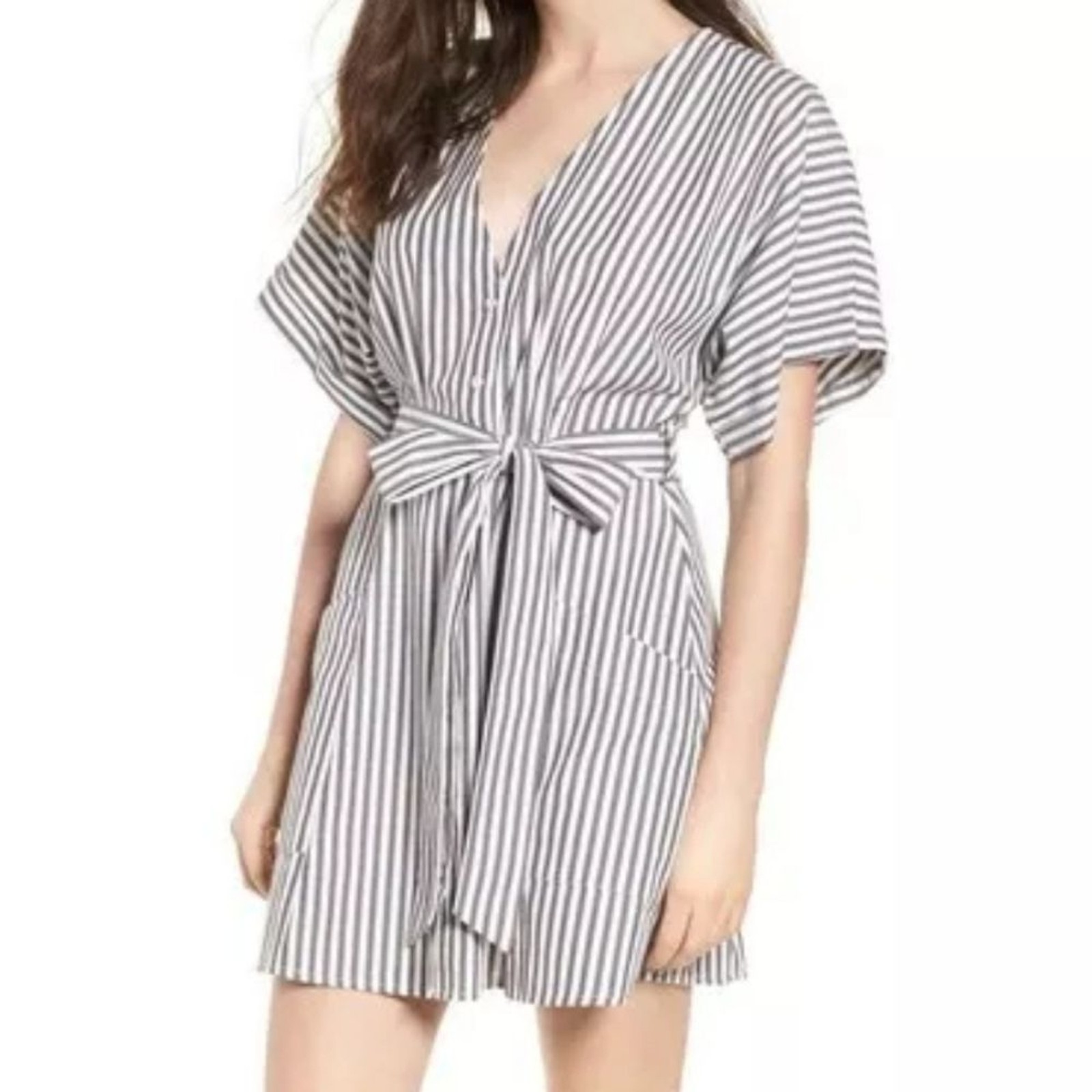 new BP Dress, XXS, Grey/White Stripes, Mini, Buttons, Pockets, Summer, Belt