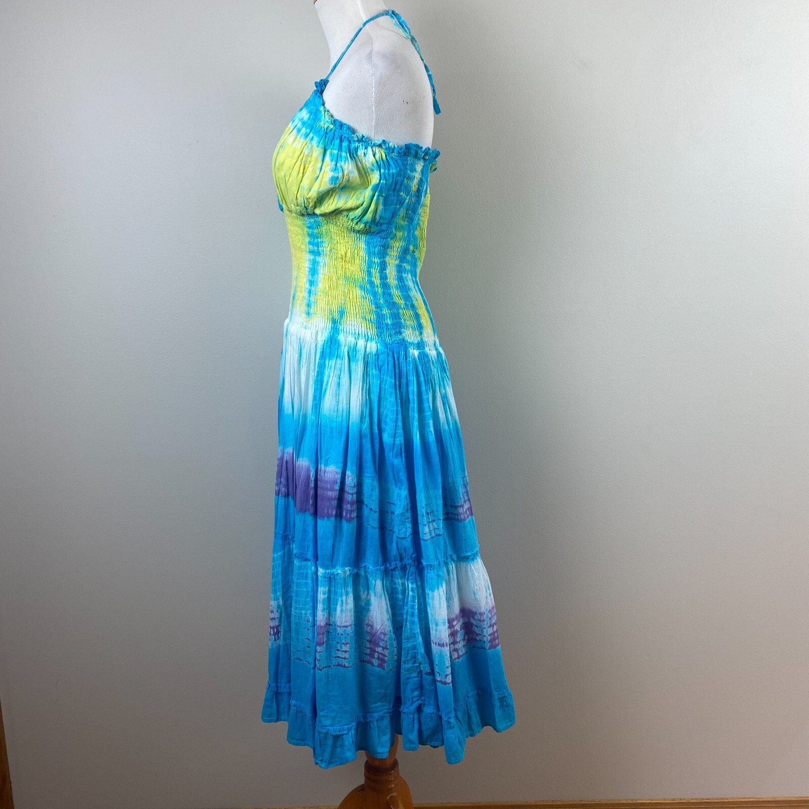 Blue Ocean Midi Dress OS Tie Dye Halter V-Neck Smocked A-Line Summer Boho Hippie