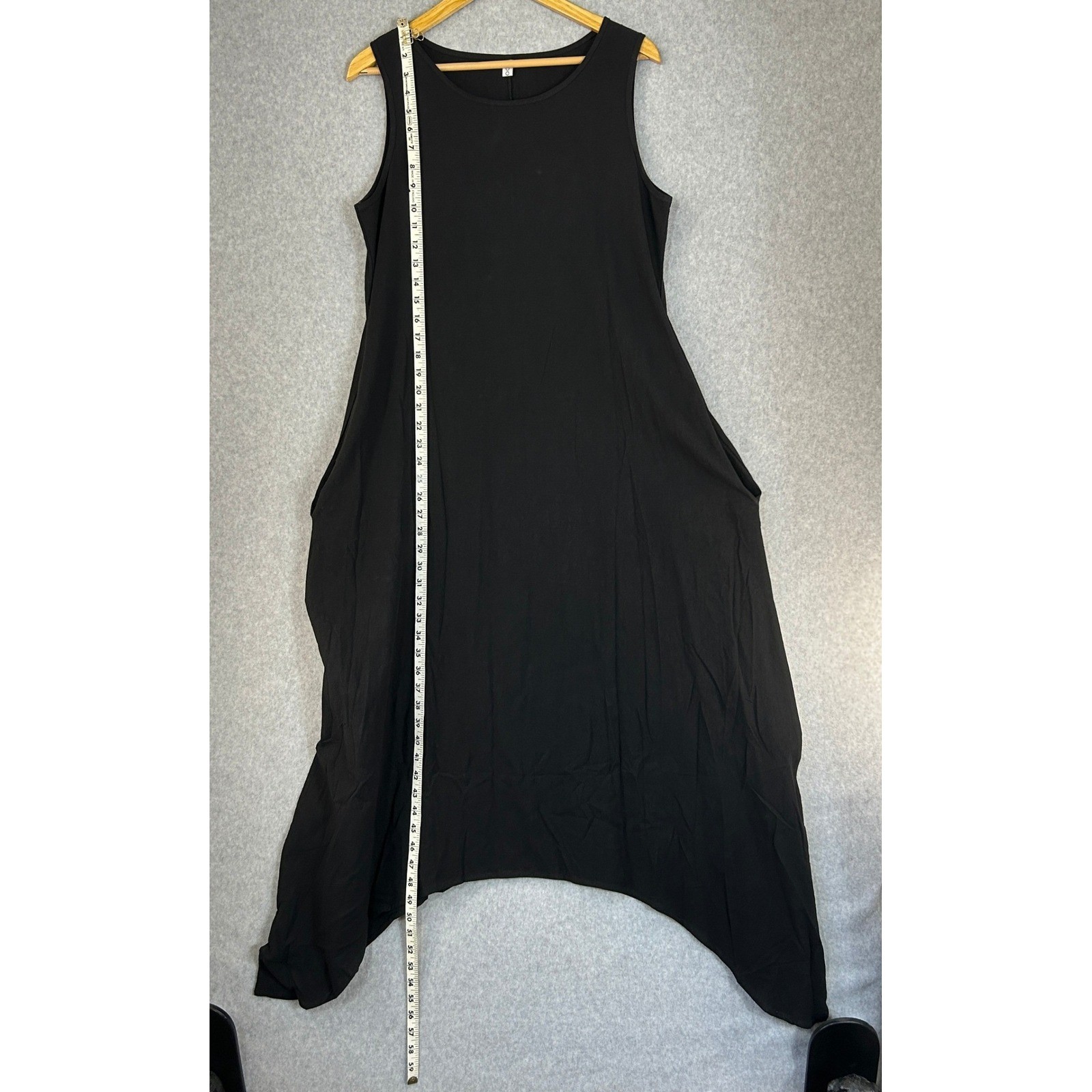 Black Asymmetric Sleeveless Maxi Tank Dress Pockets Lagenlook Misslook Medium