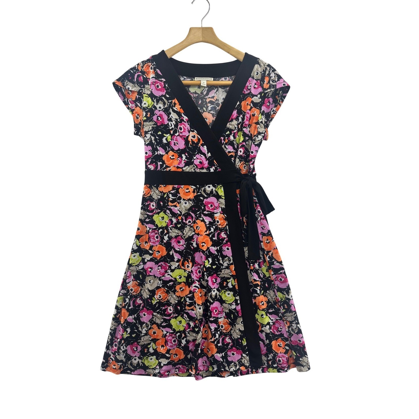 Dana Buchman Womens Wrap Dress Floral Print Black Pink Orange Green M