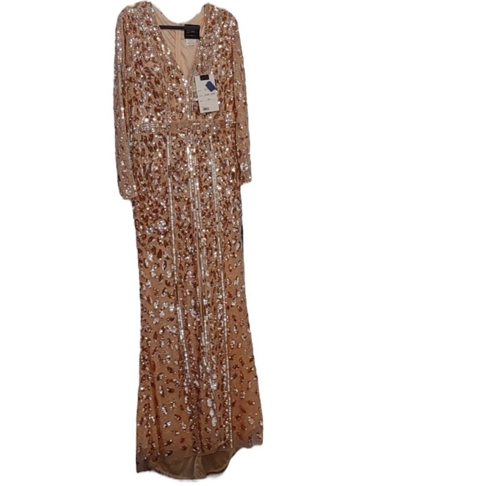 Mac Duggal Embellished Front Slit Long Sleeve Dress Rose Gold Gown Size 12