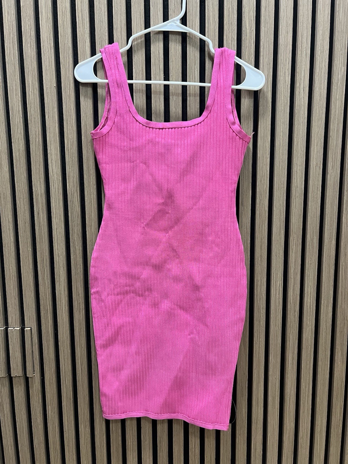 Women’s Pink Ribbed Knit Bodycon Dress S/M Square Neck Sleeveless Knee Length