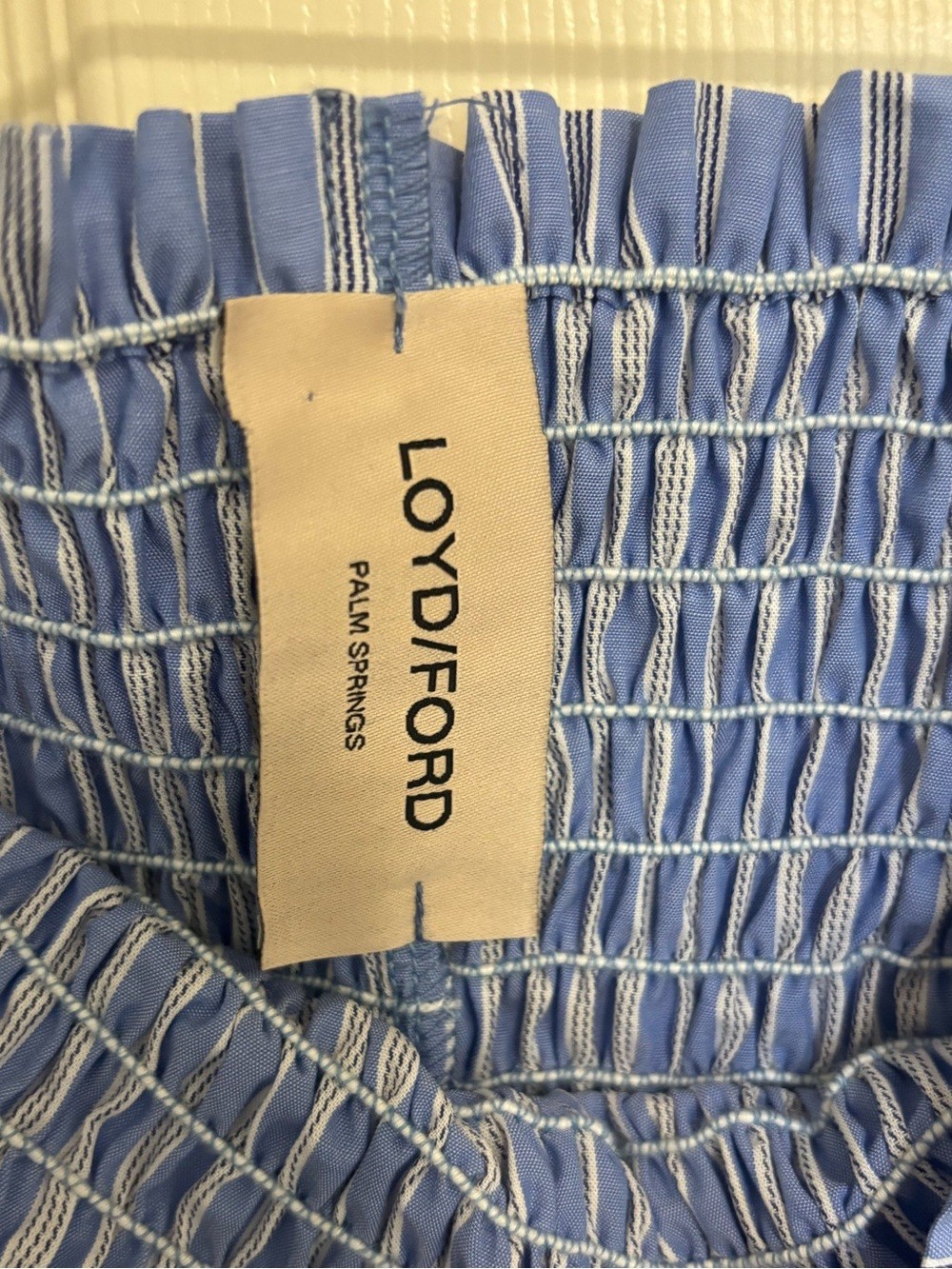 Loyd Ford Palm Springs Striped Smocked Dress Blue Pink Trim