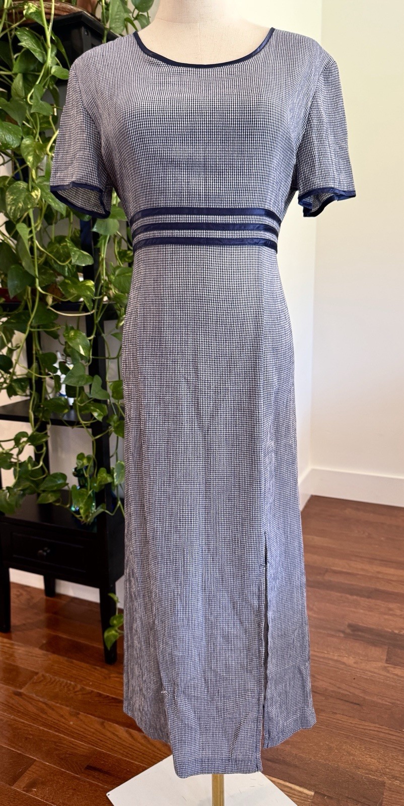 Sz 8 1980s 80s 90s Olivia Rose Navy Blue White Micro Plaid Check Midi Dress