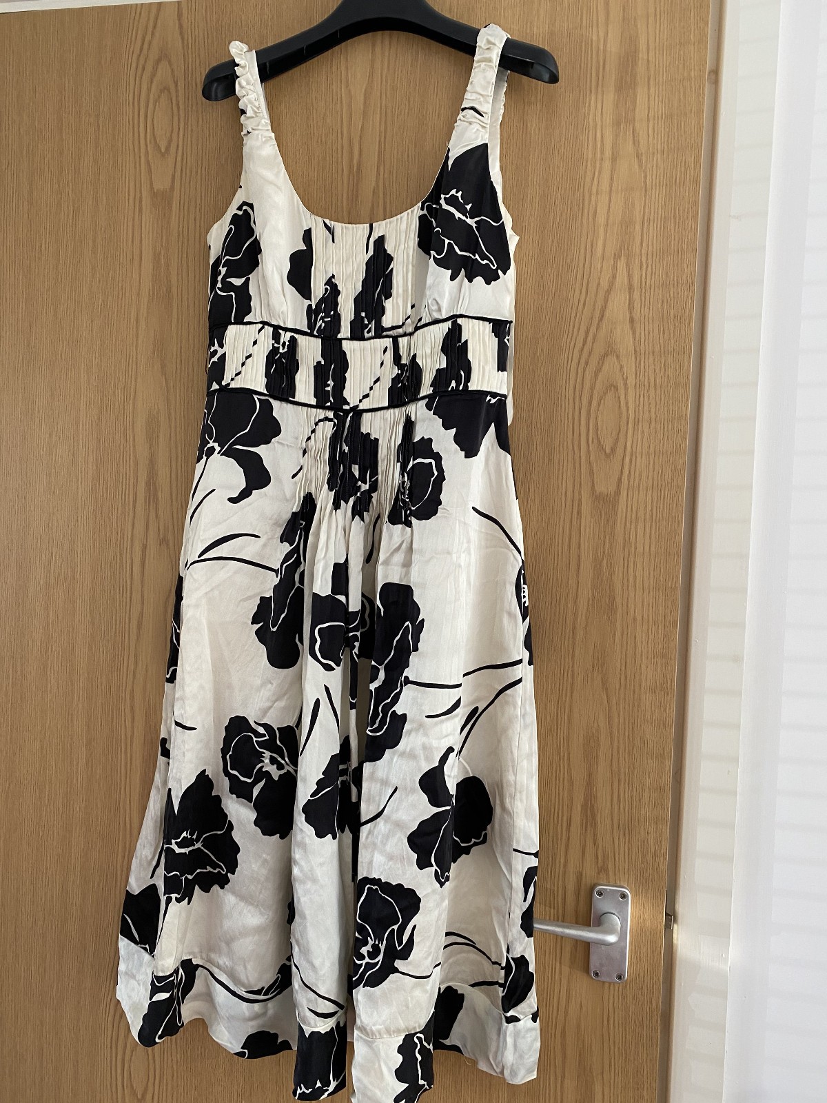 Monsoon 100% Silk Floral Midi Dress UK 10 Black & Cream Elegant Occasion Wear