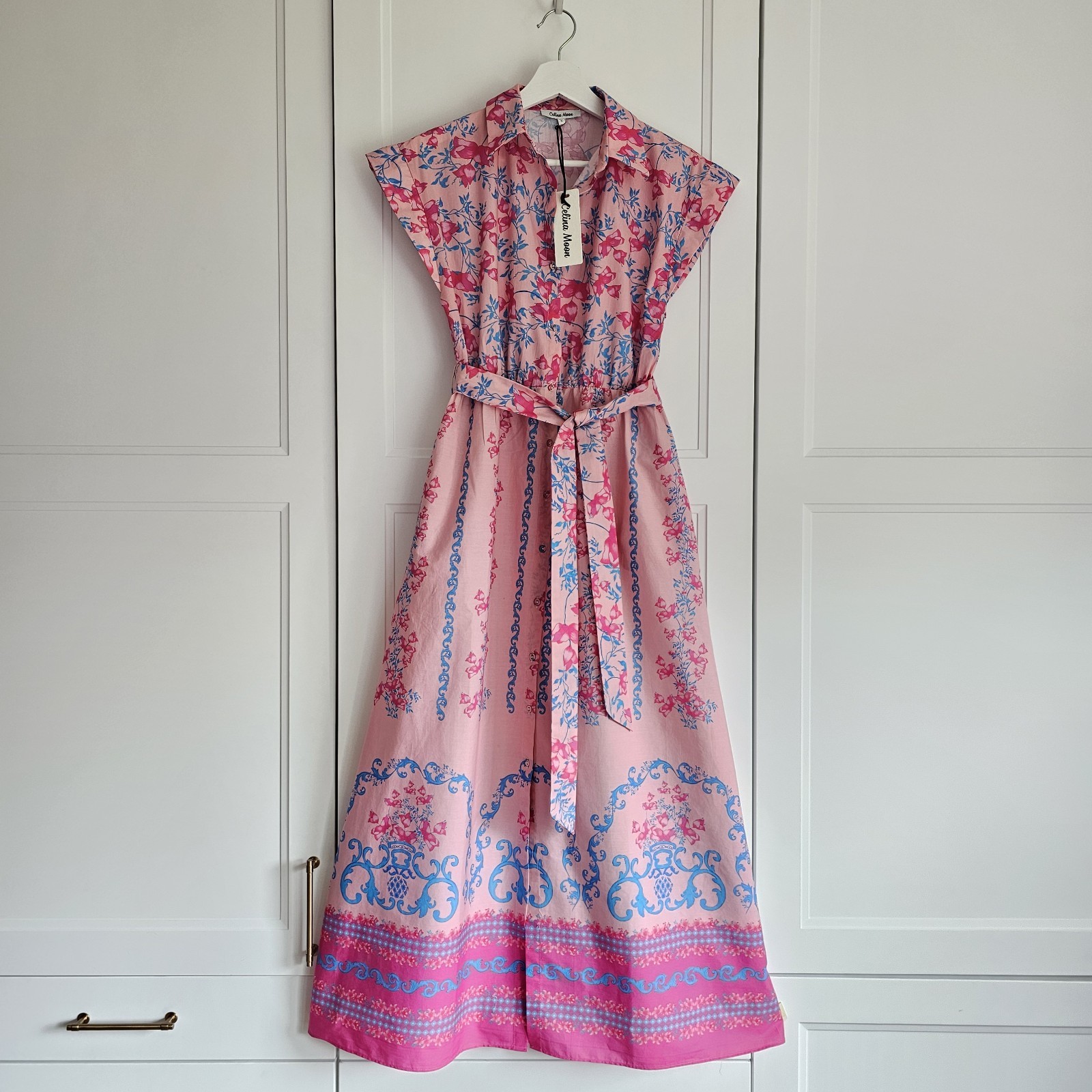 NWT Celina Moon Pink floral Short Sleeve Summer Cotton Belted Maxi Dress S $119