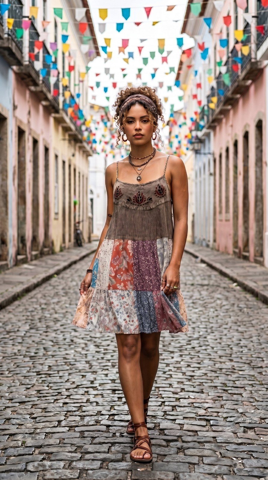 Young Threads Gravel Patchwork Strappy Floral Embroidered Mini Dress NWT Women L