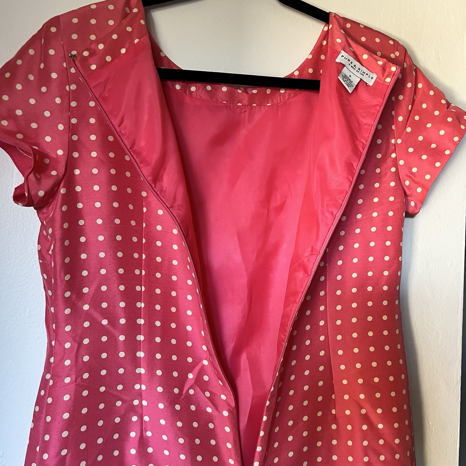 Pure & Simple 100% Silk Pink White Polka Dot Ruffle Hem Short Sleeve Dress Sz 8
