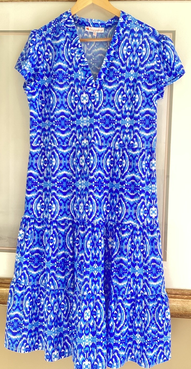 Jude Connally Relaxed Watercolor Ikat Tier Midi Dress Sz L Blue White