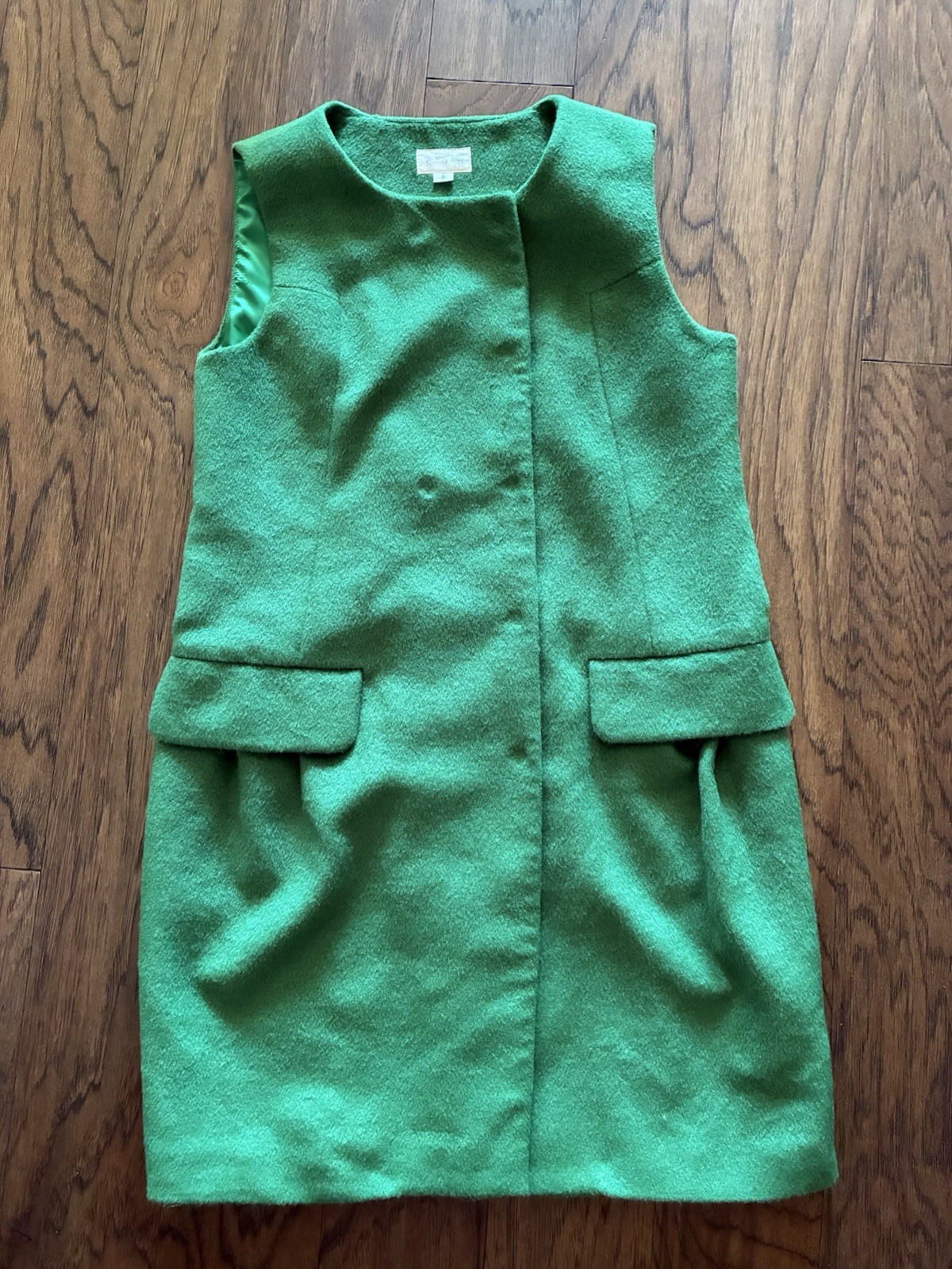 Plain Green Sleeveless Dress Size 8 Long Vest Double Breasted Wool Blend Jumper