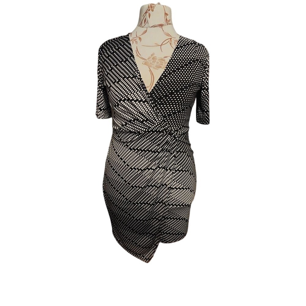 Black White Polka Dot Print Faux Wrap Dress Short Sleeve Career Party #91C