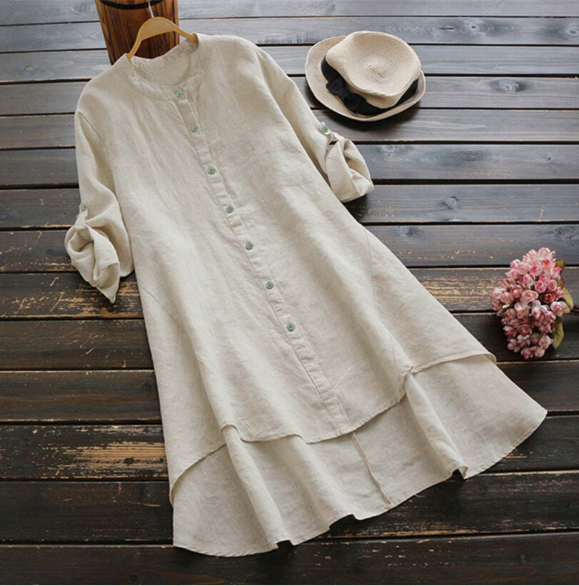 Plus Size Womens Cotton Linen Shirt Dress Ladies Loose Dresses Long Tops Blouse