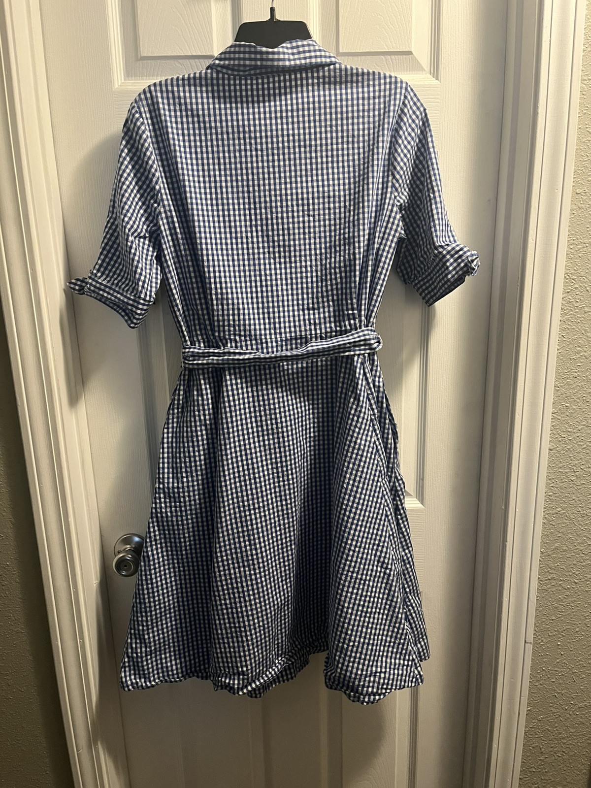 Women’s Calvin Klein Gingham Check Belted Button-down Bow Sleeves Size 10 Dress.