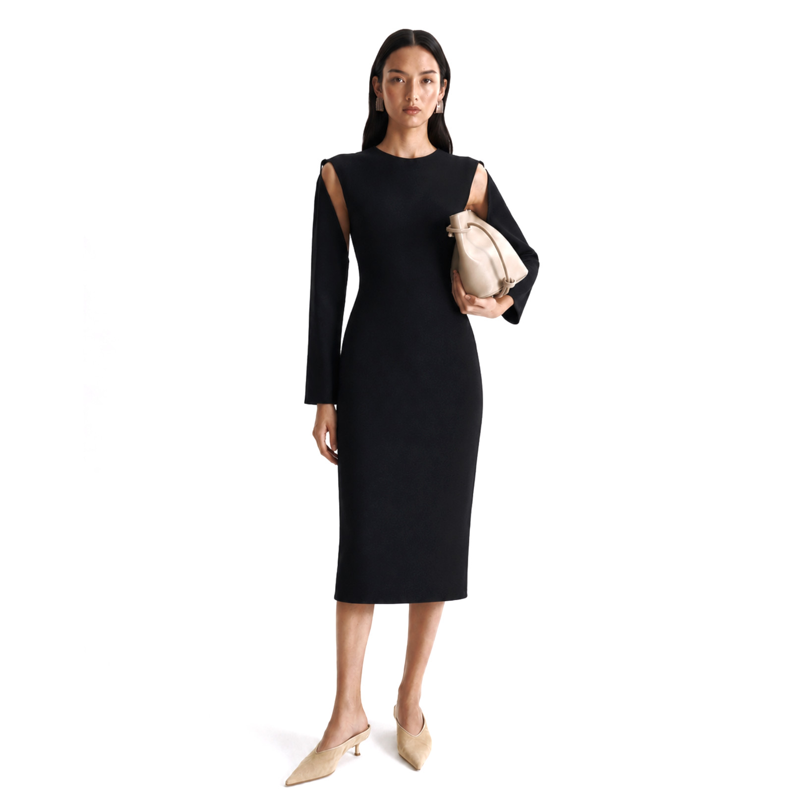 Scanlan Theodore Crepe Knit Dress Black Midi Small / AU 8 Trapeze Long Sleeve