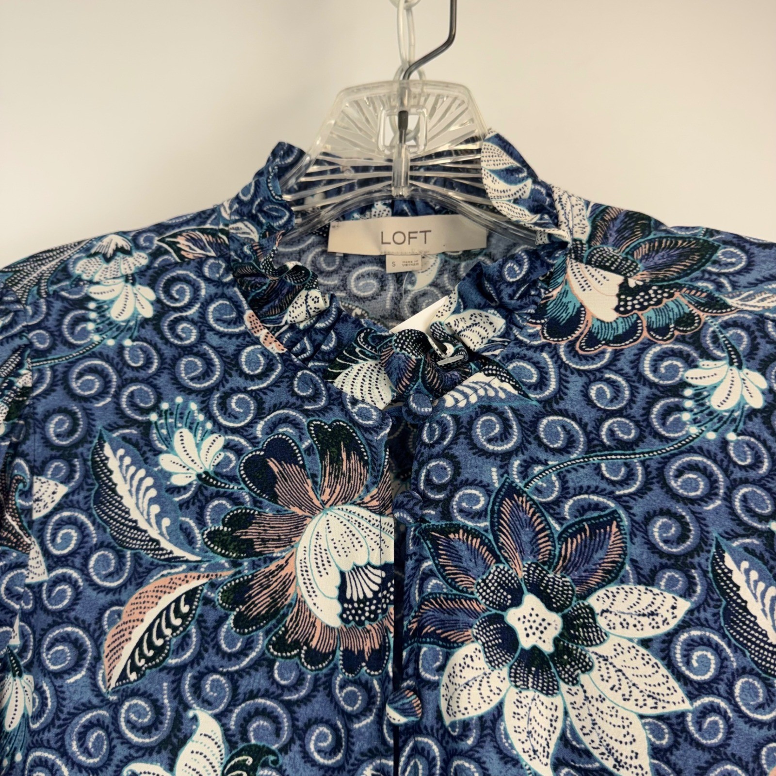 Loft Blue Floral Batik Tiered Midi Shirt Dress Long Sleeve Ruffle Womens S NWT