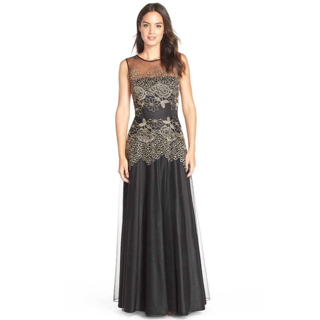 Tahari ASL Embroidered Illusion Gown Dress Size 14 Navy Gold-New
