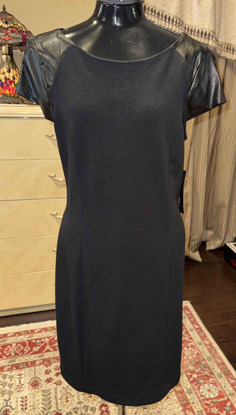 NWT SHARAGANO Black Vegan Leather Cap Sleeve Designer Dress Sz16 MSRP $109