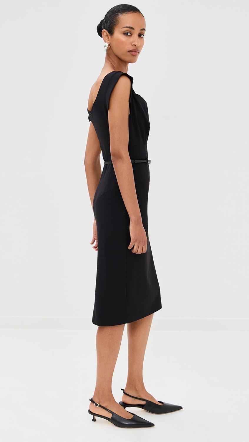 NWT Black Halo Jackie in Black Stretch Gabardine Belted Sheath Dress 8 $375