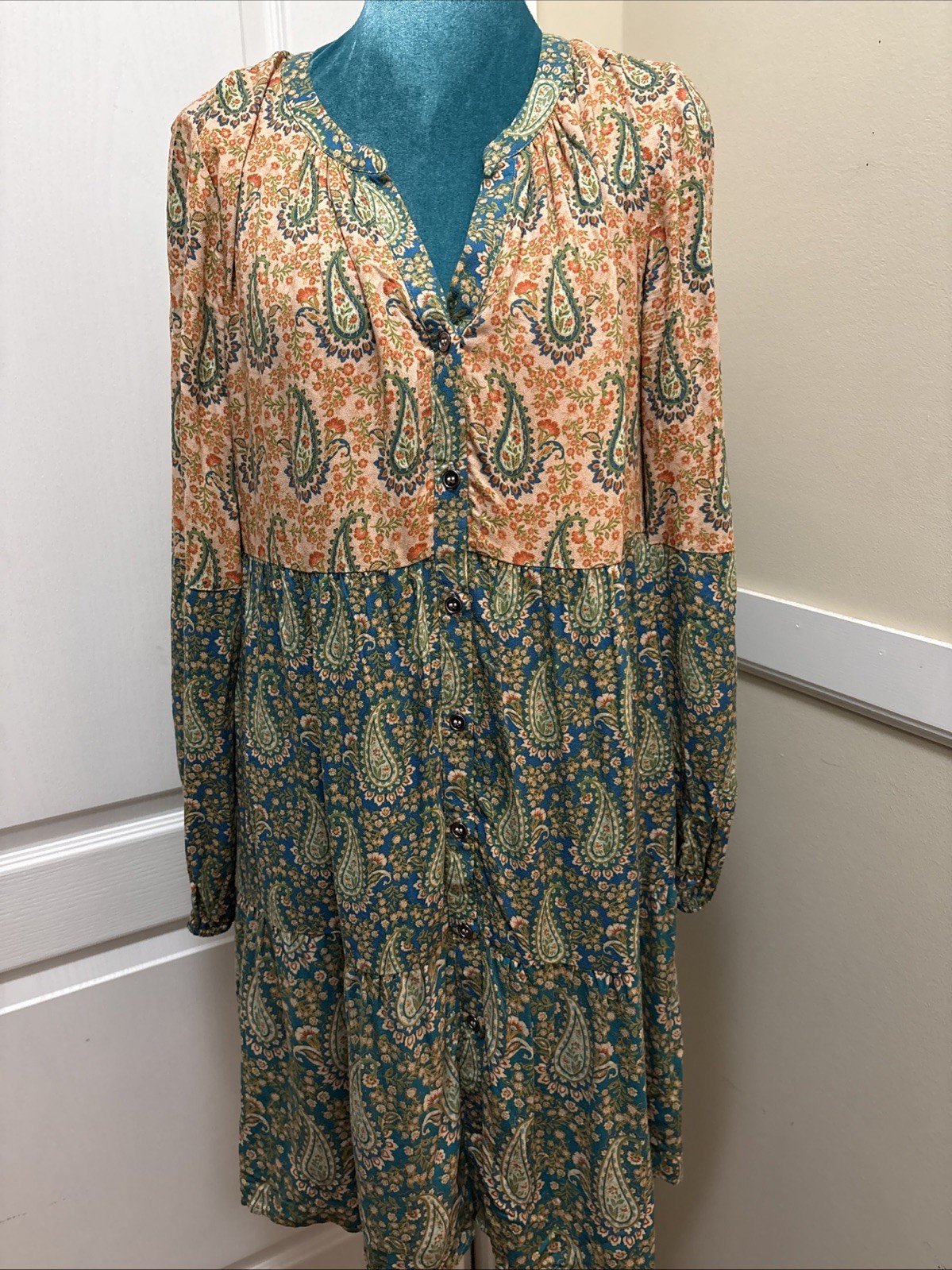 DR2 Women’s M Orange/Green/Blue Paisley Print Peplum Long Sleeve Tunic Dress