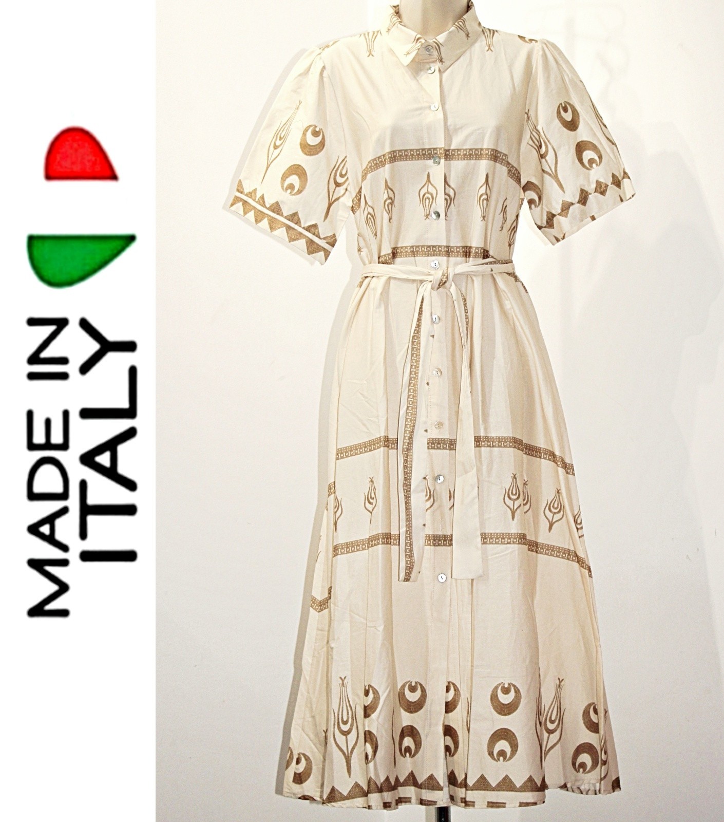 CIVICO 51 100% Cotton Short Sleeves Belted 48″Long Shirt Dress in Ivory sz L