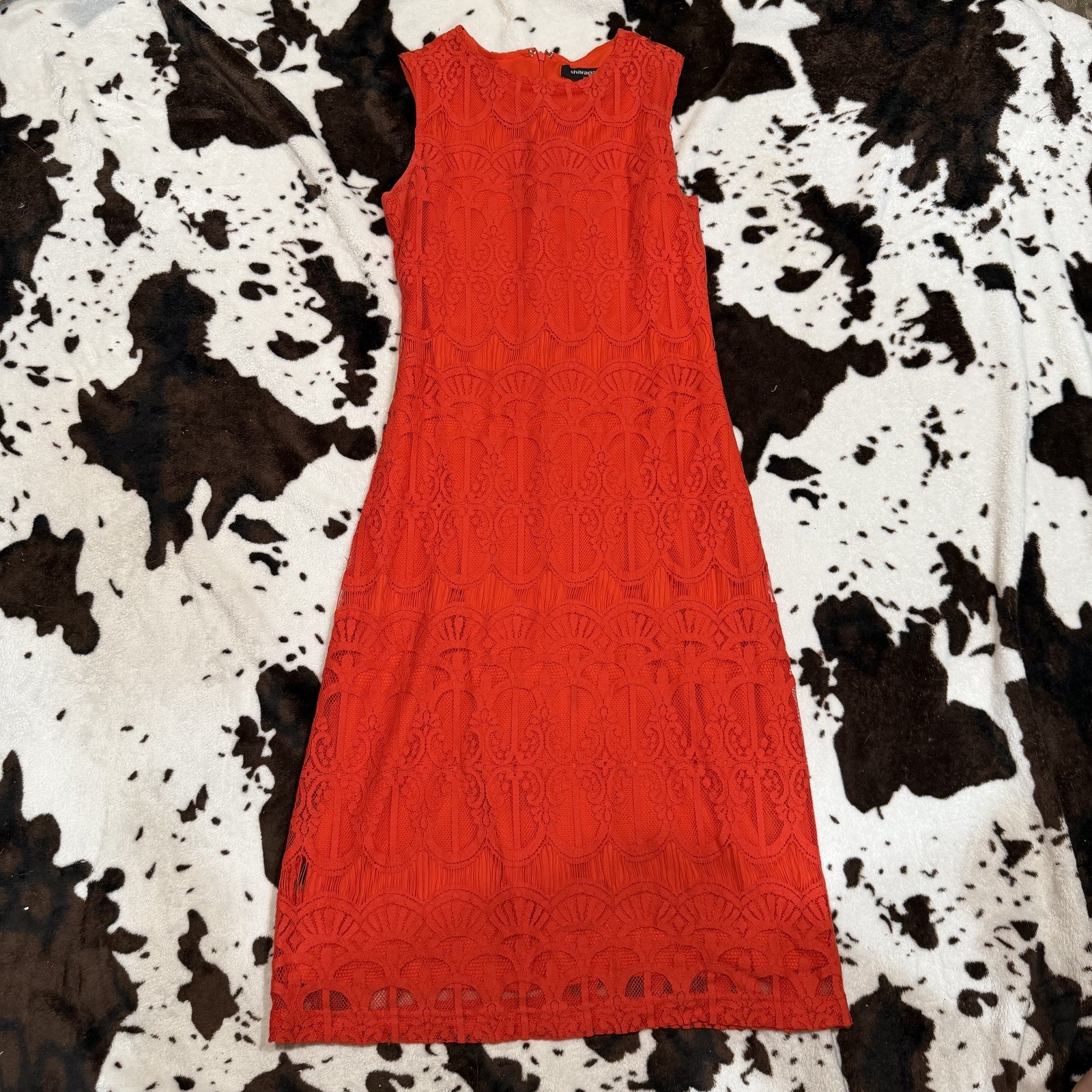 Sharagano Red Lace Sheath Dress Sleeveless Midi Cocktail Size 2