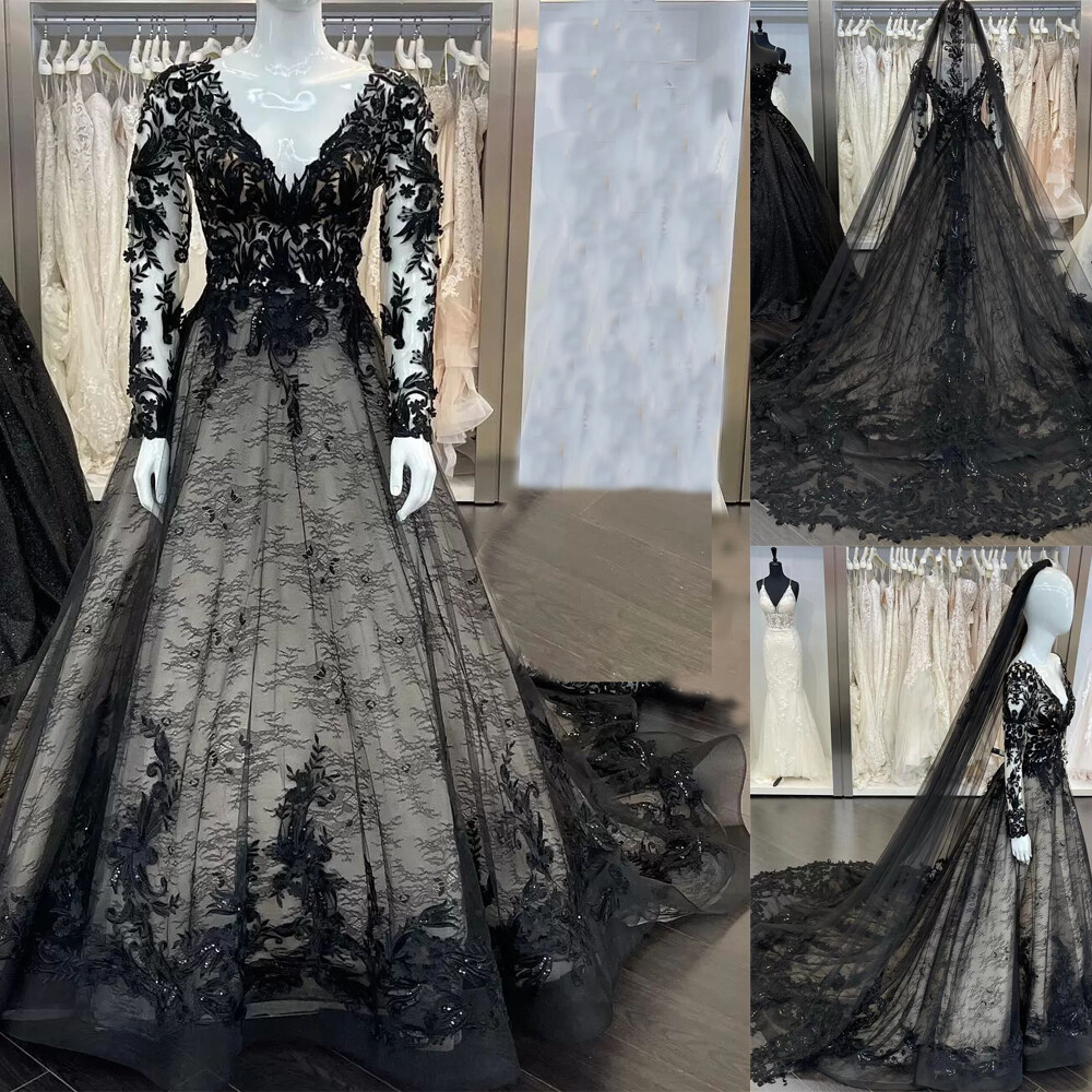 Gothic Wedding Dress Black V-neck Long Sleeve Retro Lace 1920s Bridal Gowns
