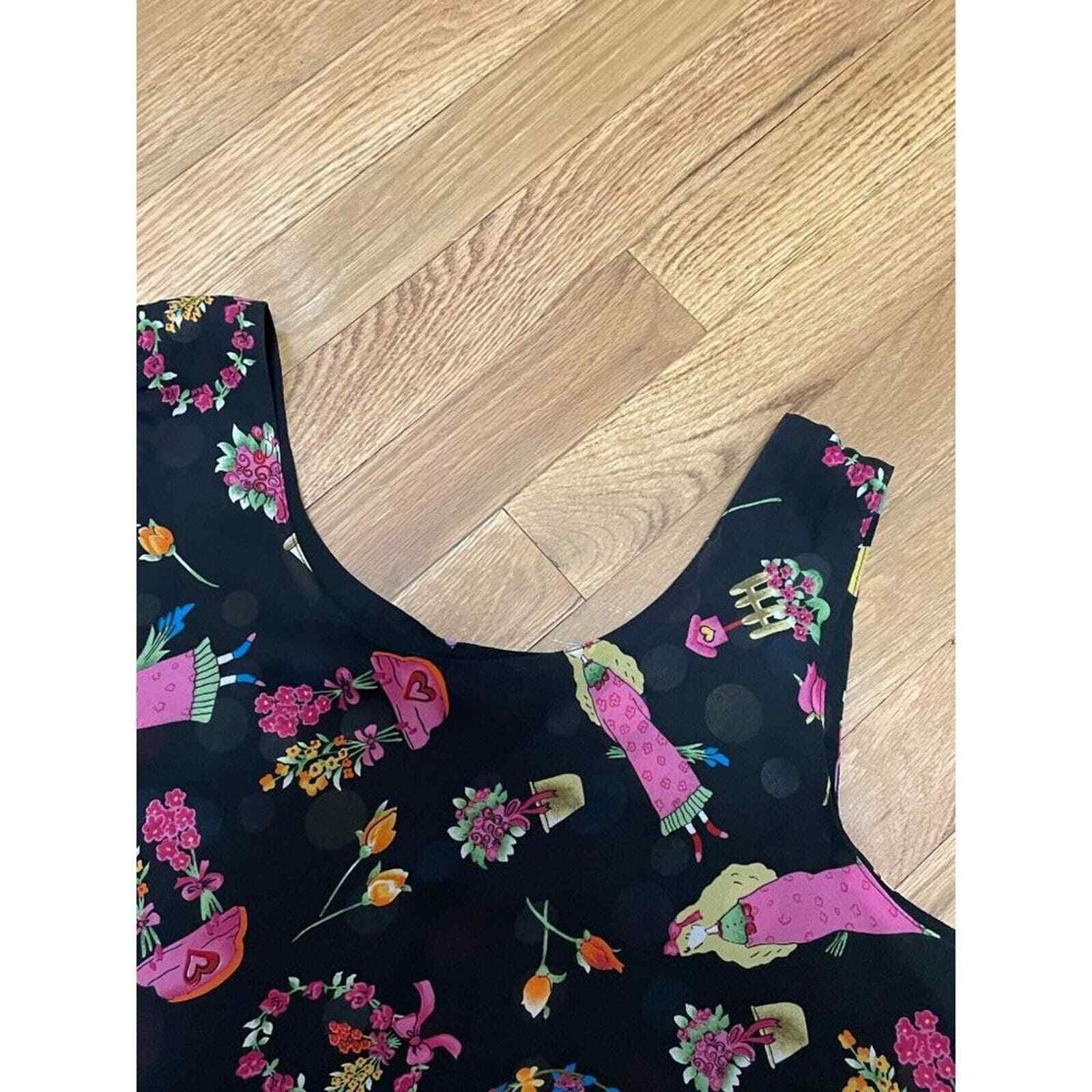 Novelty Print Vtg Reversible Maxi Shift Dress Sleeveless Black Floral & Polkadot