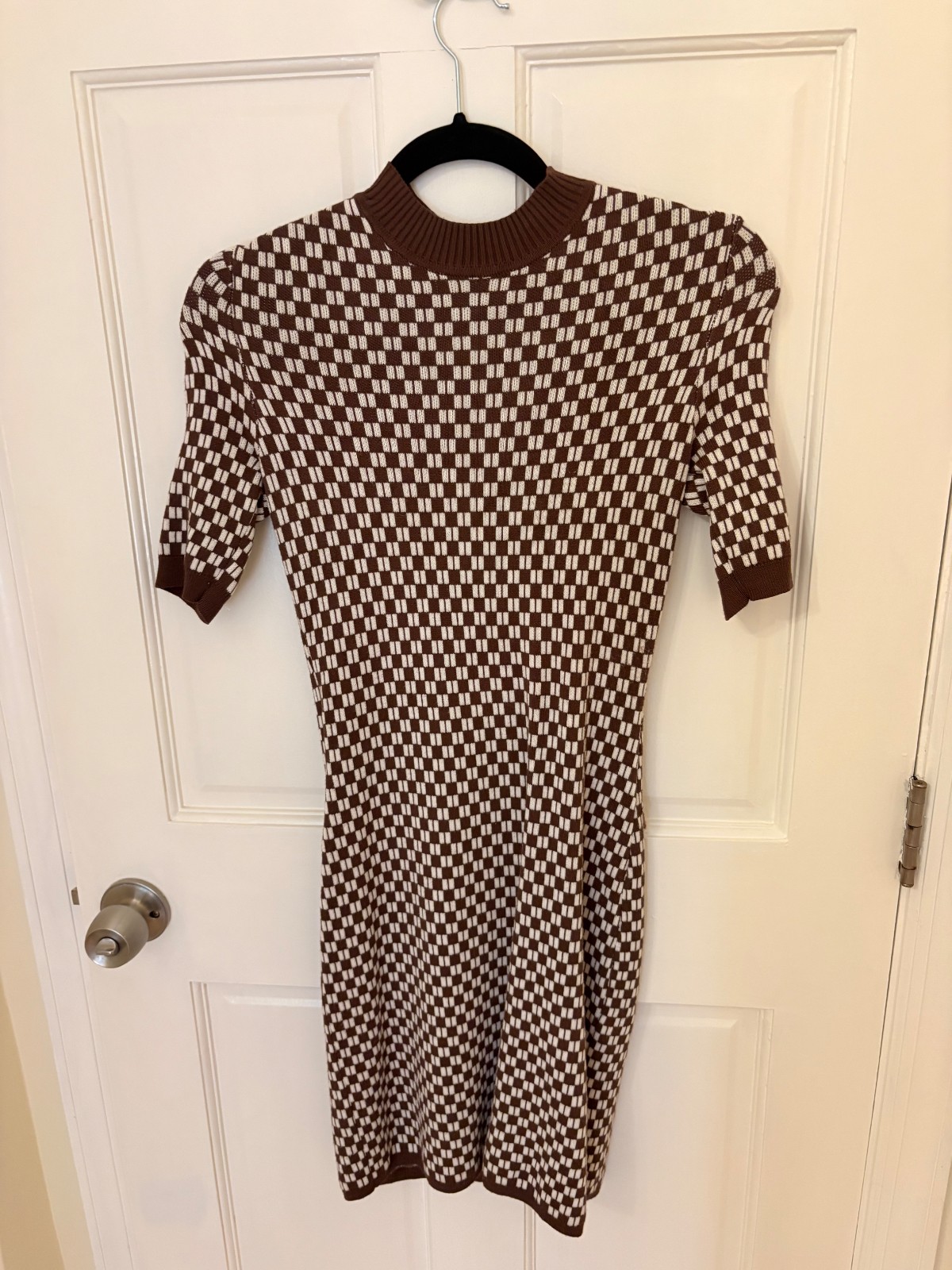 Abercrombie Fitch Mockneck Mini Sweater Dress XST Brown Checkered