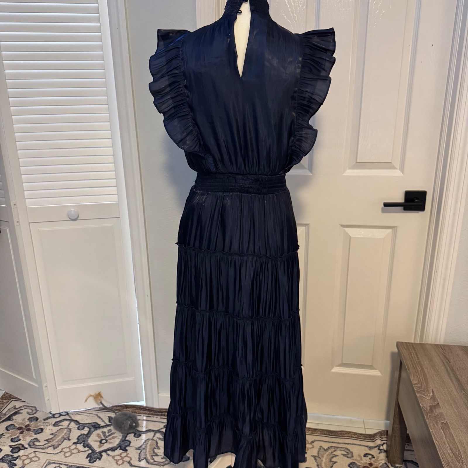 Lulus Navy Blue Satin Ruffle Tiered Maxi Dress Smocked Waist High Neck Small