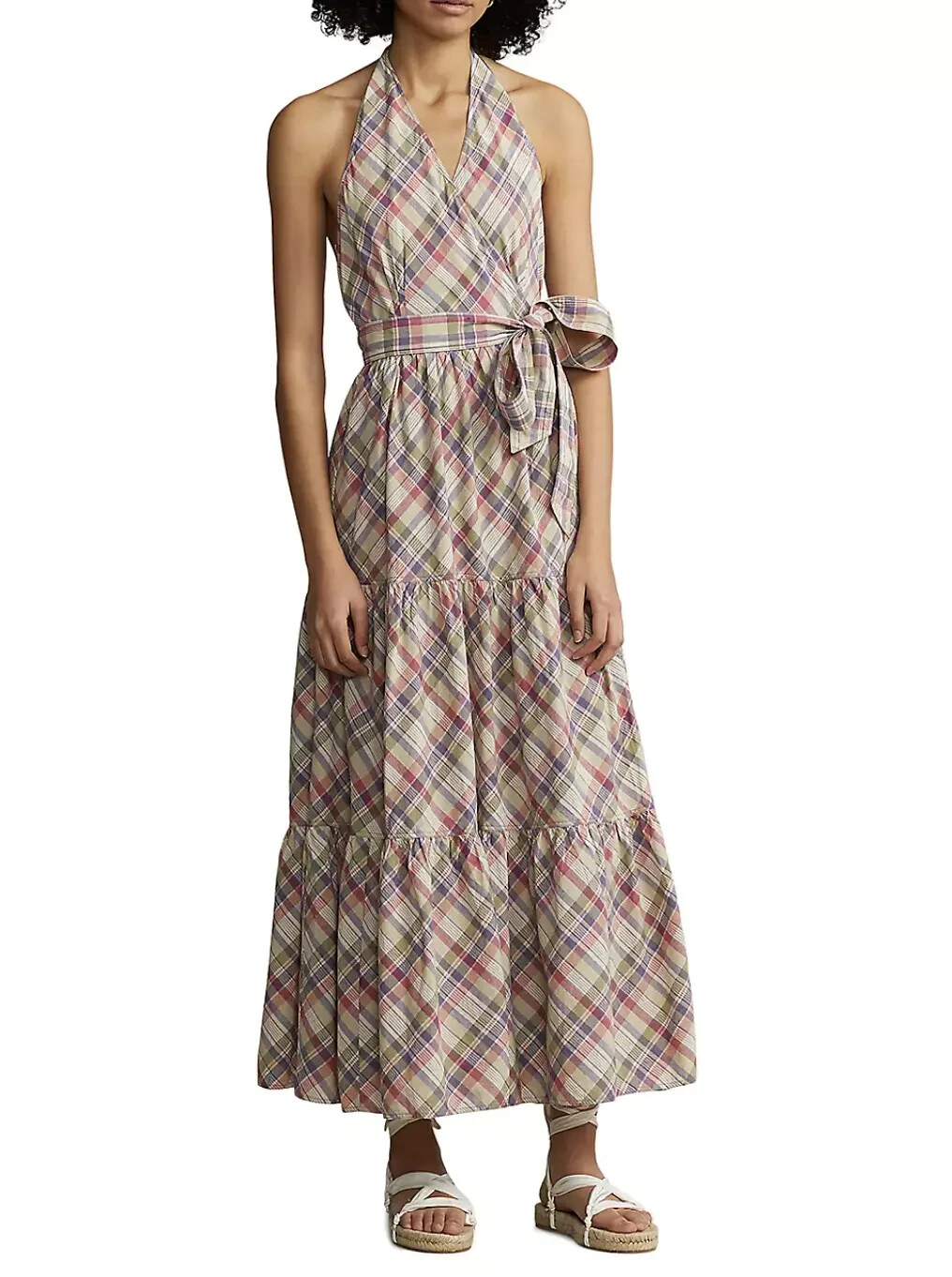 NEW! POLO RALPH LAUREN MADRAS DRESS -6- SEPIA WHITE RED GREEN PINK GREEN HALTER
