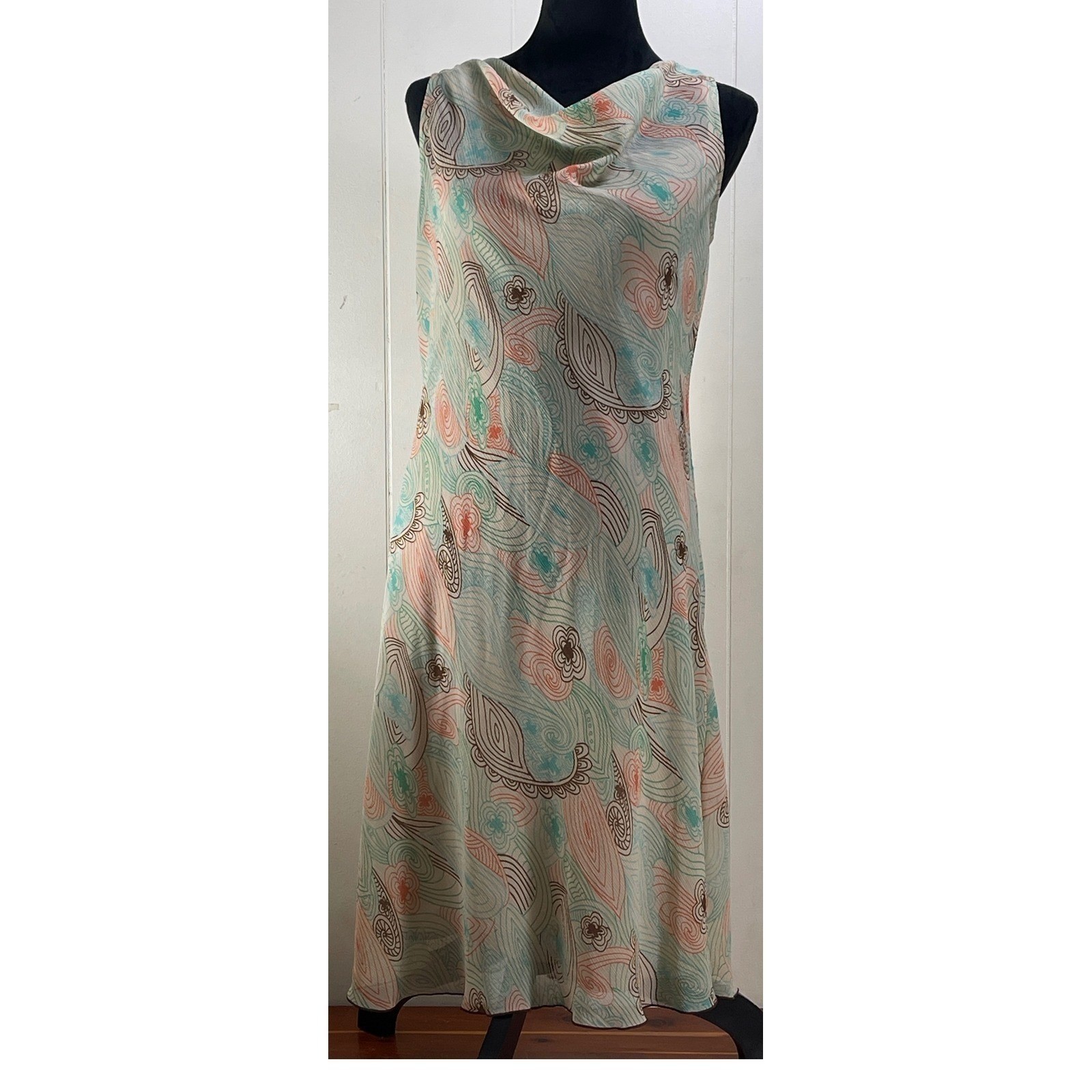 Apostrophe Sage Green Coral Abstract Swirl Cowl Neck Midi Dress earthy artsy