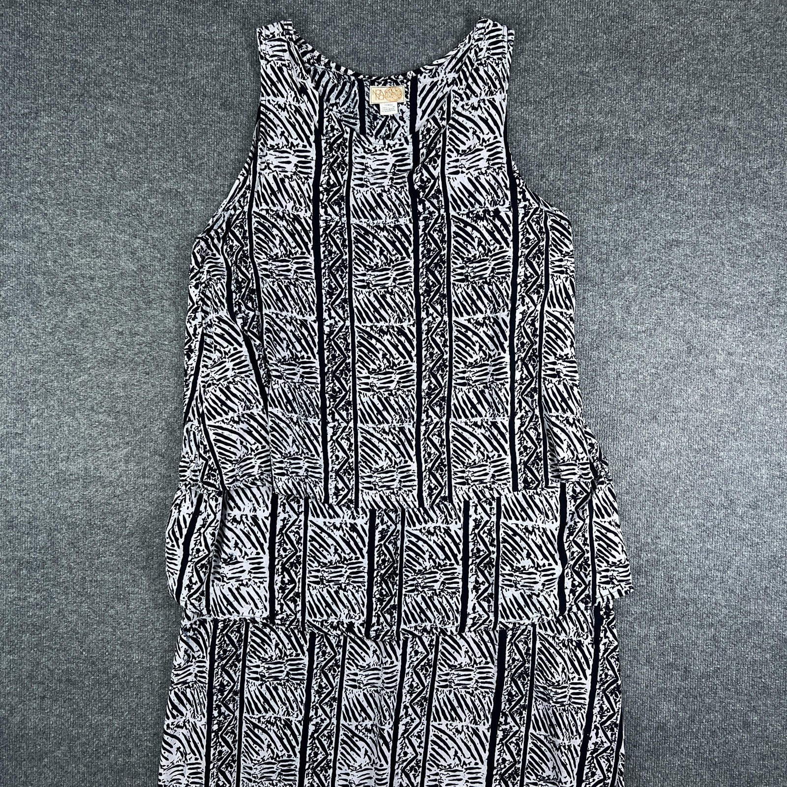 Noa Noa Dress Womens Large Black White Batik Print Sleeveless Maxi Boho Layered