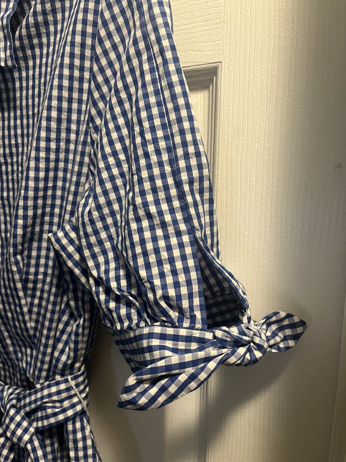Women’s Calvin Klein Gingham Check Belted Button-down Bow Sleeves Size 10 Dress.