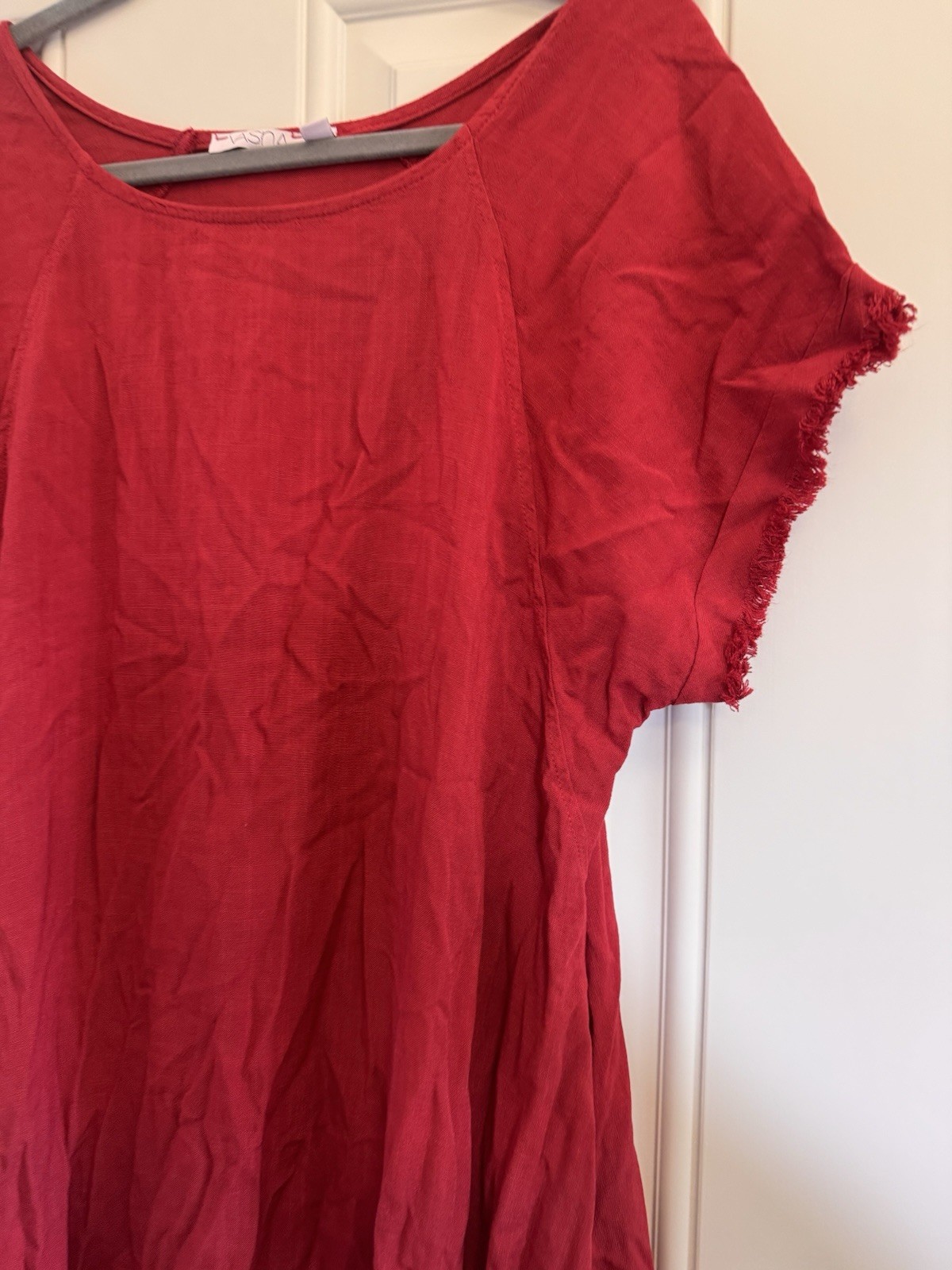 Umgee Red Linen Blend Frayed Hem High Low Midi Shift Dress Oversized Small