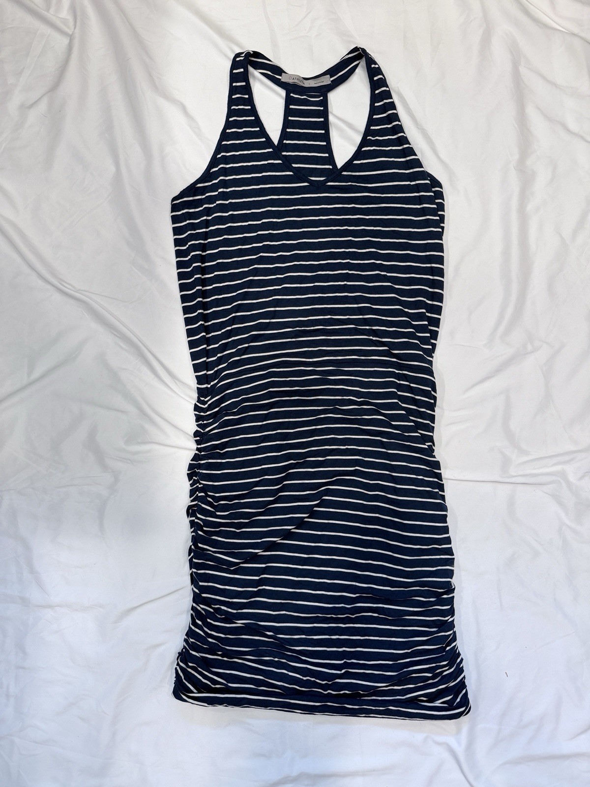 Athleta Navy Blue And White Striped Ruched Racerback Sundress Size L
