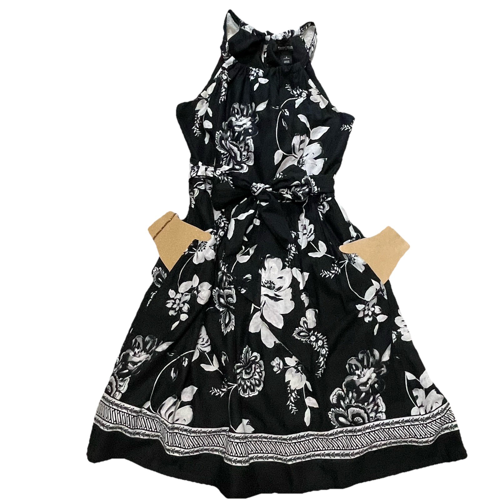 White House Black Market Dress Halter Tie Neck Sz 4 Black White Floral Classic